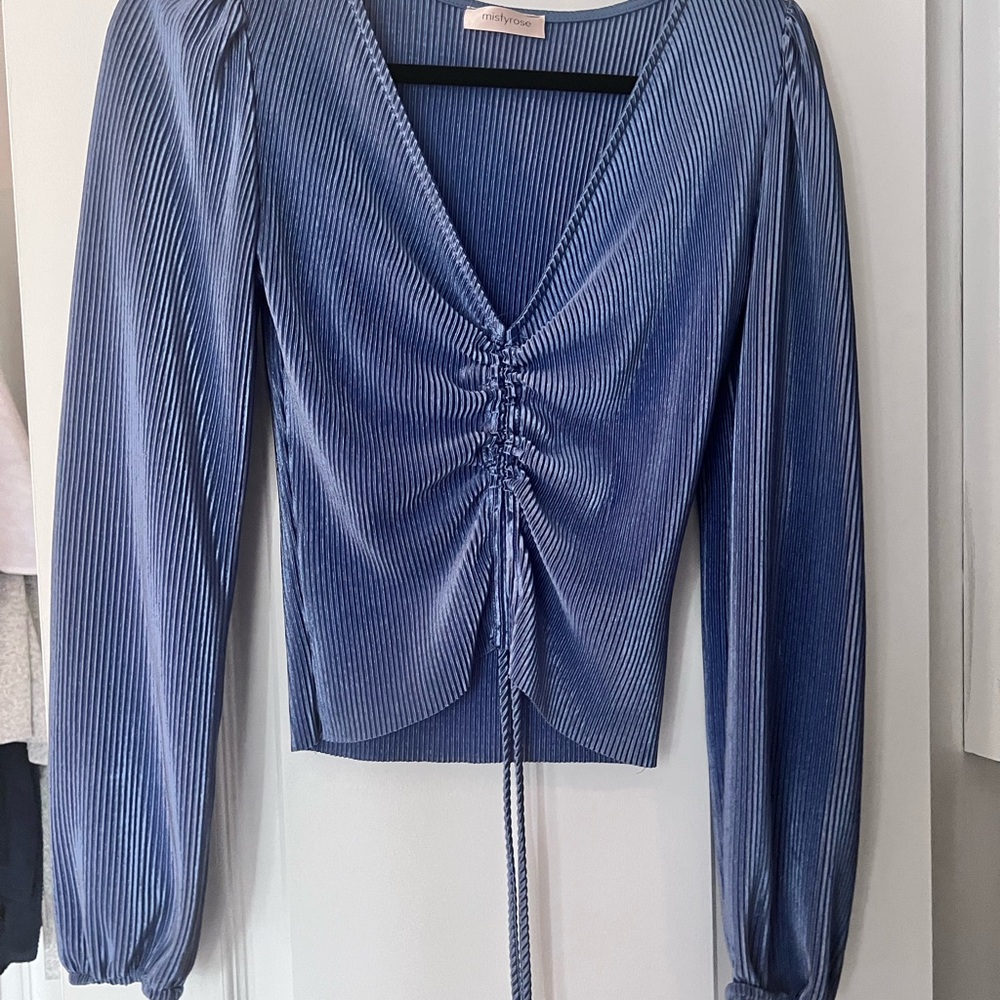 Blue Ruched Long Sleeve Top & Wide leg pants.